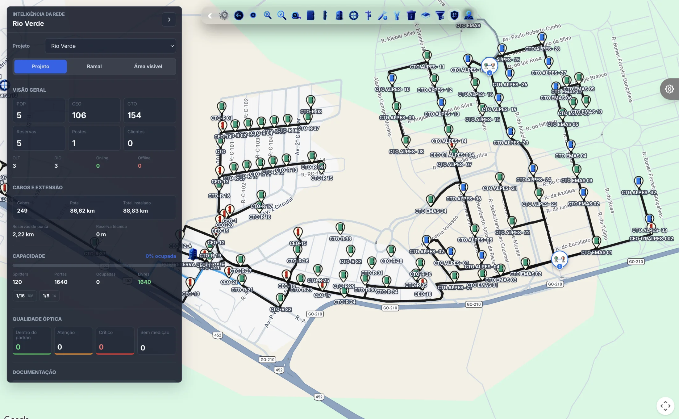 Mapa da rede FTTH de Rio Verde na plataforma Sisprov